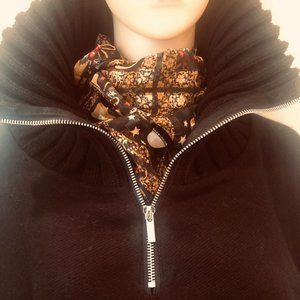 Zip-Front Collar Knit Poncho Shawl